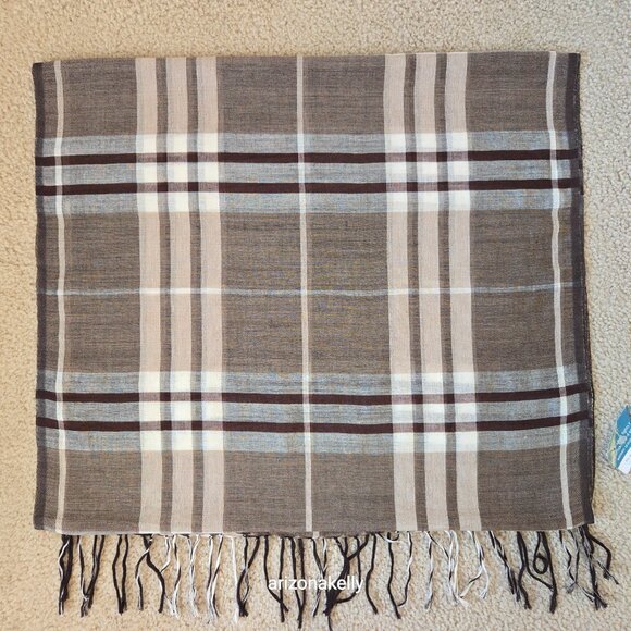 NWT Wool/Cotton Blend Lightweight Scarf Brown Tan Plaid Freeset Fabric - Picture 11 of 16